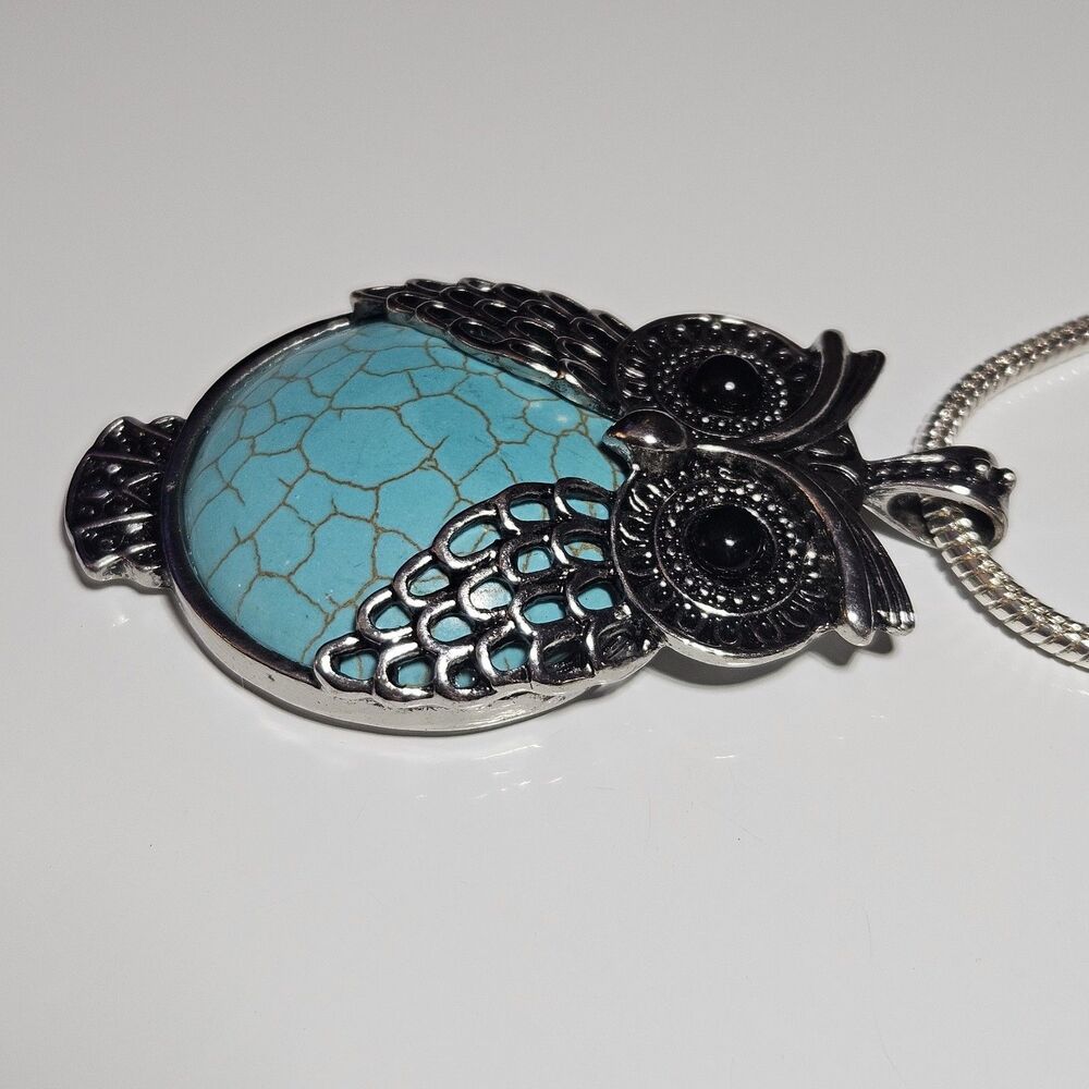 Silver Tone Large Blue Turquoise Owl Pendant Necklace 30" Chain - Picture 11 of 14